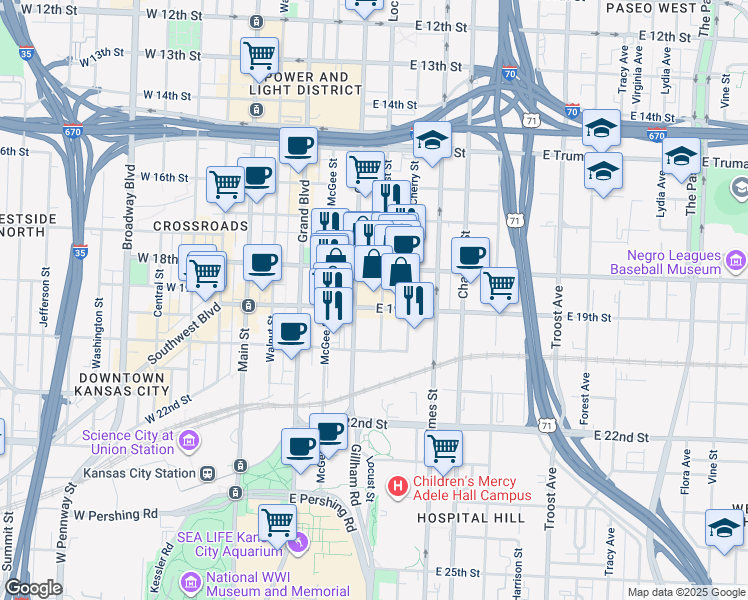 map of restaurants, bars, coffee shops, grocery stores, and more near 1830 Locust Street in Kansas City