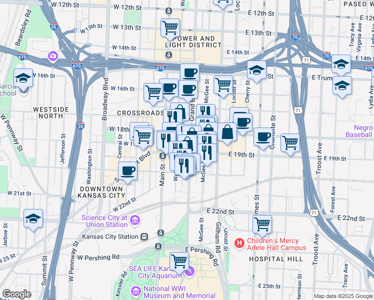map of restaurants, bars, coffee shops, grocery stores, and more near 1828 Grand Boulevard in Kansas City