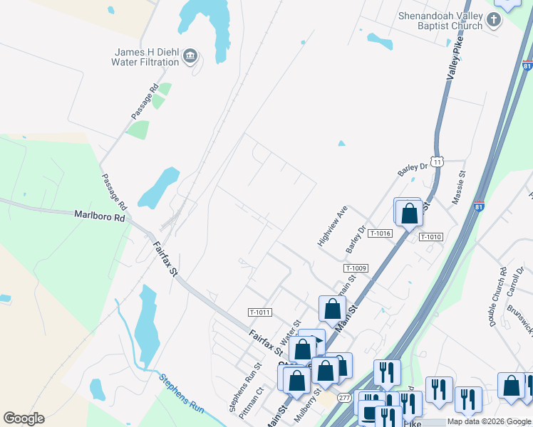 map of restaurants, bars, coffee shops, grocery stores, and more near 5241 Crooked Lane in Stephens City