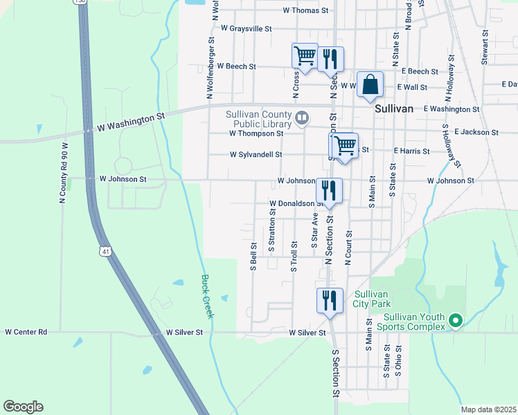 map of restaurants, bars, coffee shops, grocery stores, and more near 36 Maple Park Apartment in Sullivan