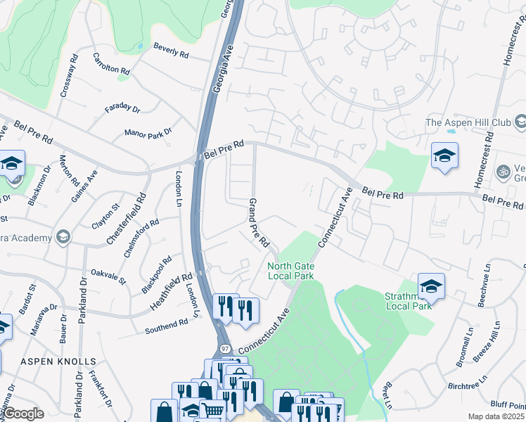 map of restaurants, bars, coffee shops, grocery stores, and more near 3854 Bel Pre Road in Silver Spring