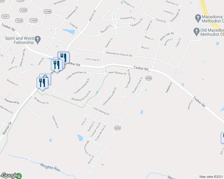 map of restaurants, bars, coffee shops, grocery stores, and more near 116 Chancellorsville Drive in Stephens City