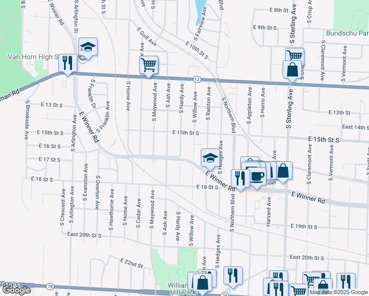 map of restaurants, bars, coffee shops, grocery stores, and more near 1531 South Hardy Avenue in Independence
