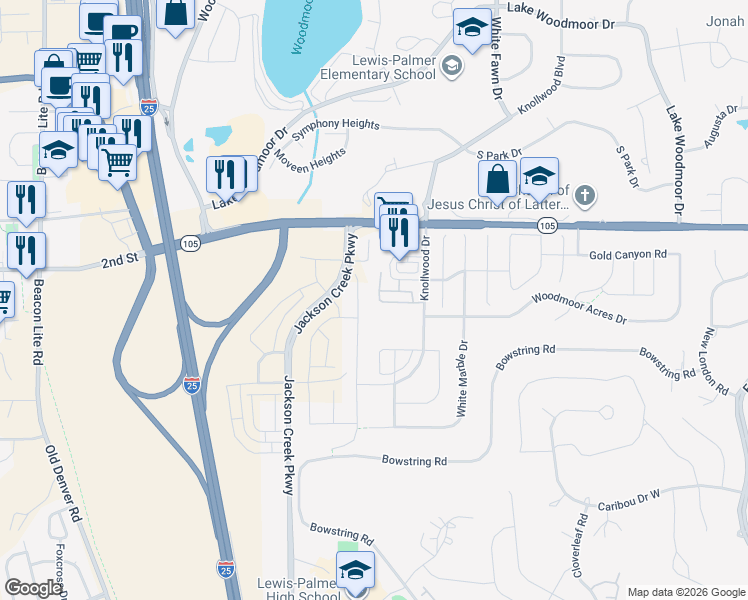 map of restaurants, bars, coffee shops, grocery stores, and more near 1335 Villa Grove in Monument