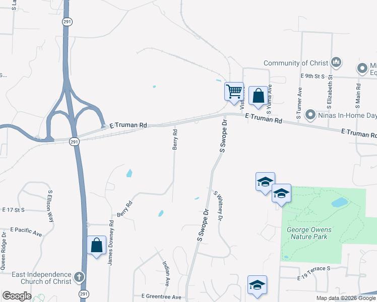 map of restaurants, bars, coffee shops, grocery stores, and more near 1401 Berry Road in Independence