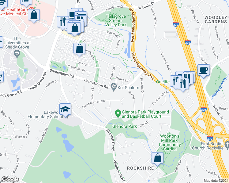 map of restaurants, bars, coffee shops, grocery stores, and more near 9110 Darnestown Road in Rockville