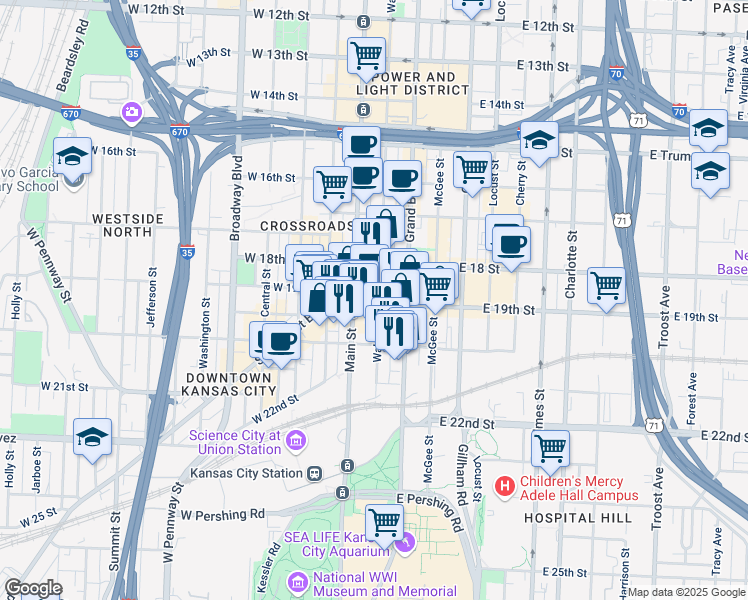 map of restaurants, bars, coffee shops, grocery stores, and more near 1905 Walnut Street in Kansas City