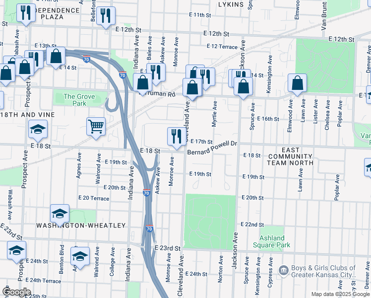 map of restaurants, bars, coffee shops, grocery stores, and more near 3805 Bernard Powell Drive in Kansas City