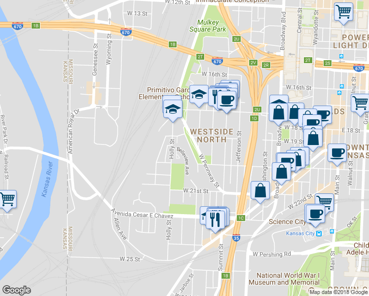 map of restaurants, bars, coffee shops, grocery stores, and more near 1005 West 18th Street in Kansas City