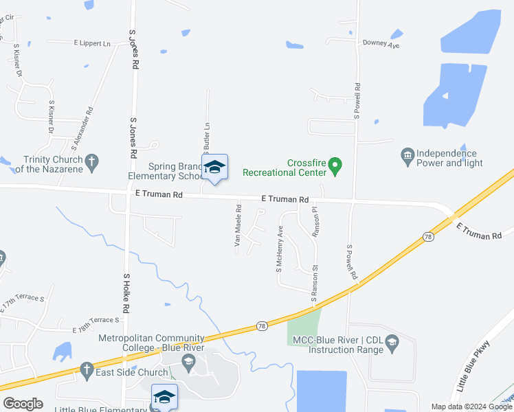 map of restaurants, bars, coffee shops, grocery stores, and more near 1204 South Kaydeen Court in Independence