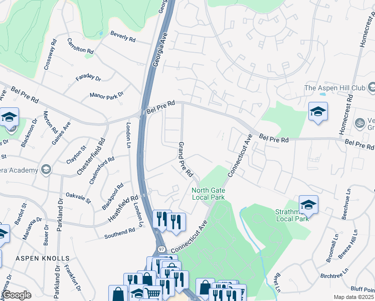map of restaurants, bars, coffee shops, grocery stores, and more near 3854 Bel Pre Road in Silver Spring