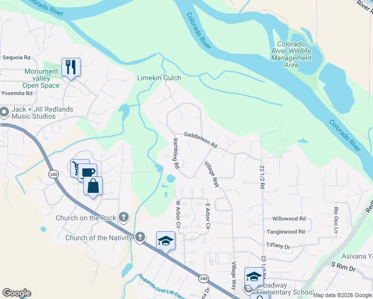 map of restaurants, bars, coffee shops, grocery stores, and more near 593 Briarwood Lane in Grand Junction