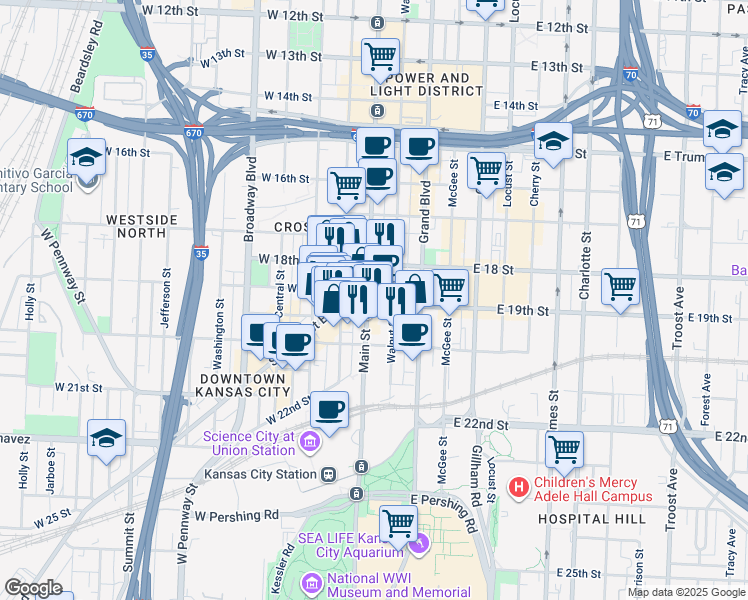 map of restaurants, bars, coffee shops, grocery stores, and more near 1908 Main Street in Kansas City