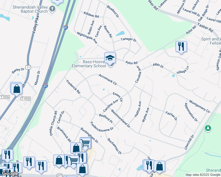 map of restaurants, bars, coffee shops, grocery stores, and more near 104 Essex Court in Stephens City