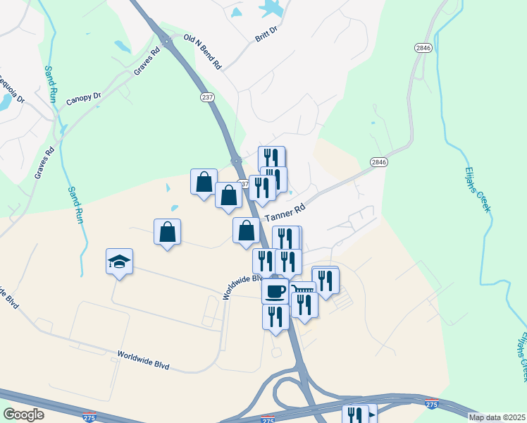 map of restaurants, bars, coffee shops, grocery stores, and more near 2000 North Bend Road in Hebron