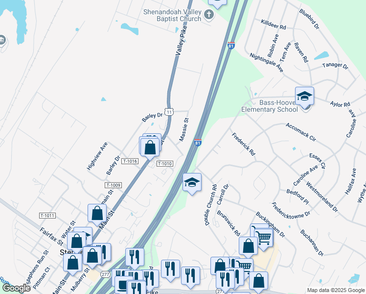 map of restaurants, bars, coffee shops, grocery stores, and more near 151 Stephens Court in Stephens City