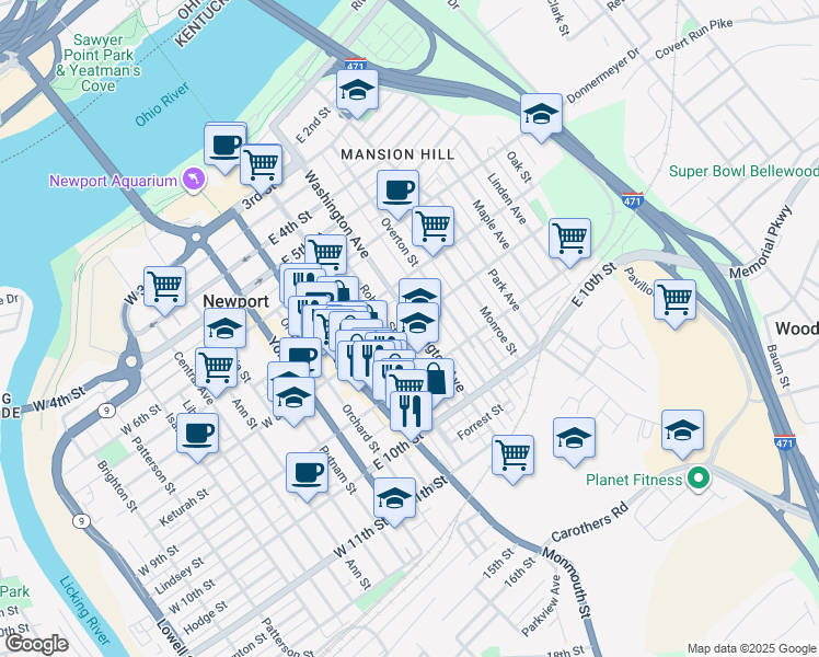 map of restaurants, bars, coffee shops, grocery stores, and more near 825 Roberts Street in Newport