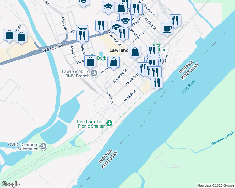 map of restaurants, bars, coffee shops, grocery stores, and more near 401 West High Street in Lawrenceburg