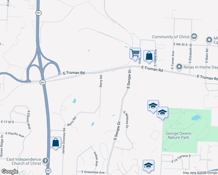 map of restaurants, bars, coffee shops, grocery stores, and more near 1401 Berry Road in Independence