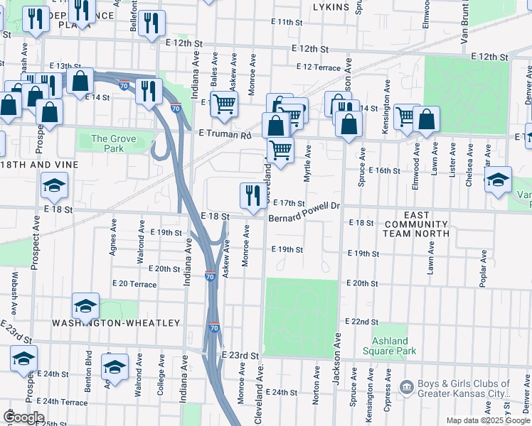 map of restaurants, bars, coffee shops, grocery stores, and more near 3805 Bernard Powell Drive in Kansas City
