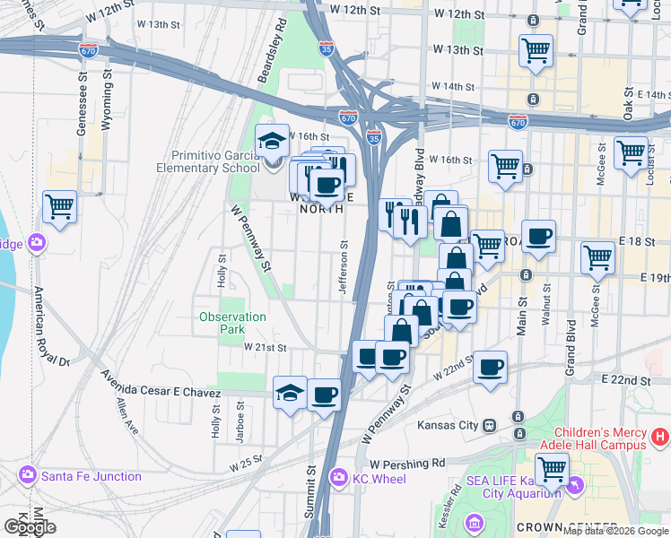 map of restaurants, bars, coffee shops, grocery stores, and more near 1833 Summit Street in Kansas City