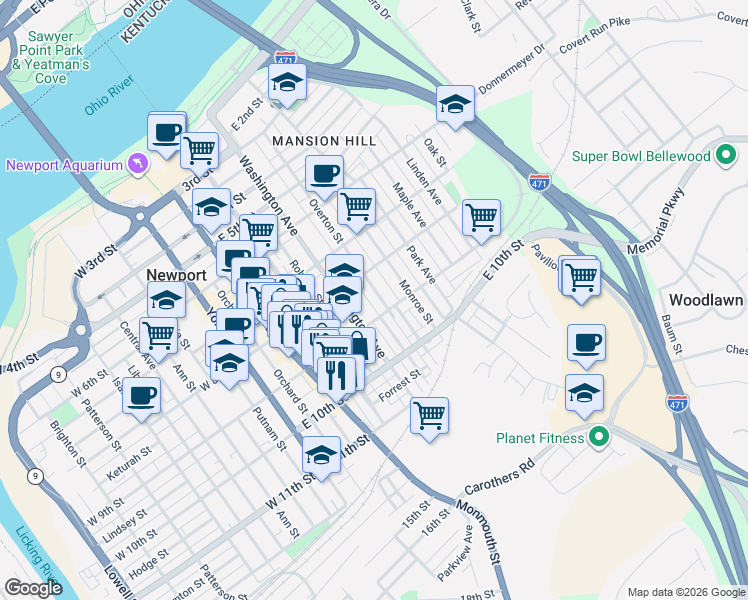 map of restaurants, bars, coffee shops, grocery stores, and more near 311 East 9th Street in Newport