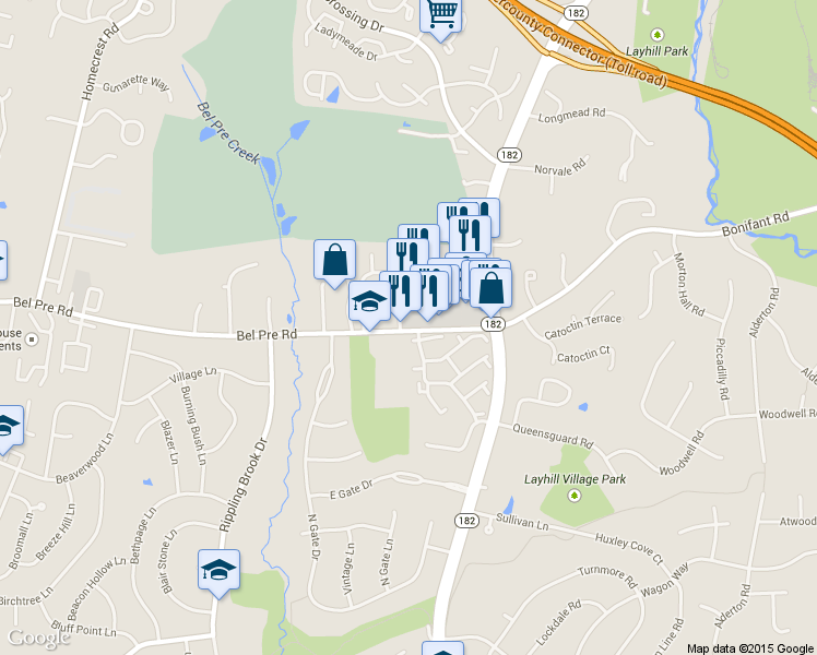 map of restaurants, bars, coffee shops, grocery stores, and more near 2398 Bel Pre Road in Aspen Hill