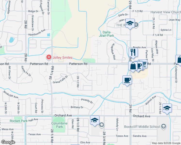 map of restaurants, bars, coffee shops, grocery stores, and more near 2860 Grand Falls Drive in Grand Junction