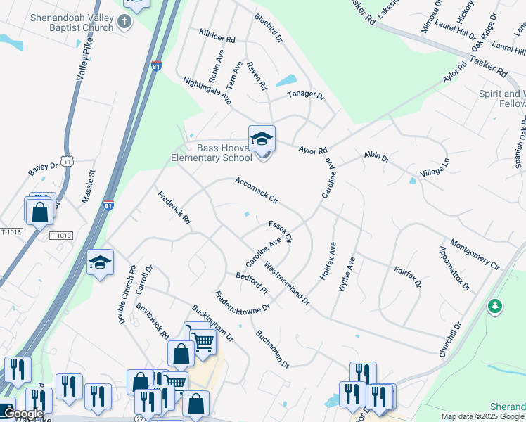 map of restaurants, bars, coffee shops, grocery stores, and more near 104 Essex Court in Stephens City