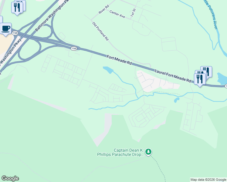 map of restaurants, bars, coffee shops, grocery stores, and more near 3117 Runnel Lane in Laurel