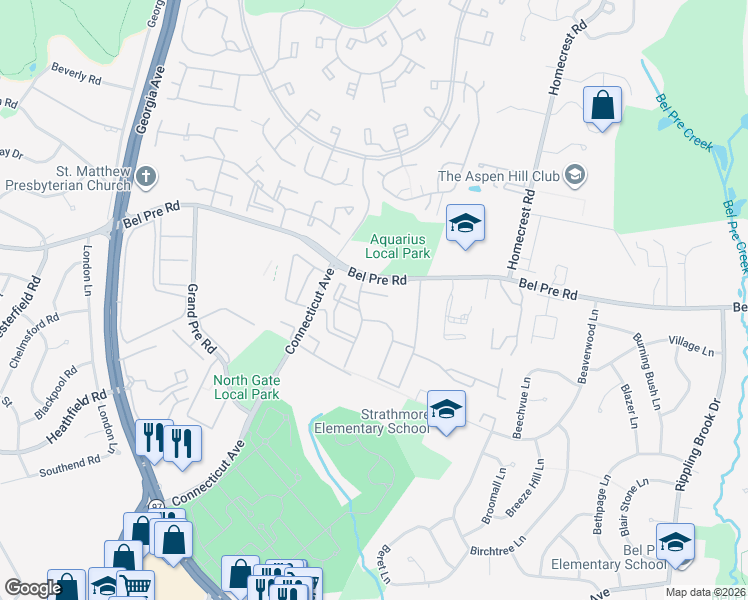 map of restaurants, bars, coffee shops, grocery stores, and more near 14217 Pear Tree Lane in Silver Spring
