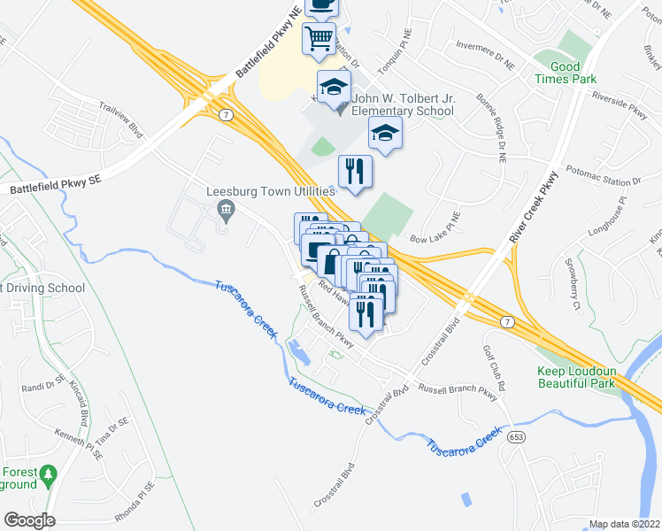 map of restaurants, bars, coffee shops, grocery stores, and more near 1608 Village Market Boulevard Southeast in Leesburg