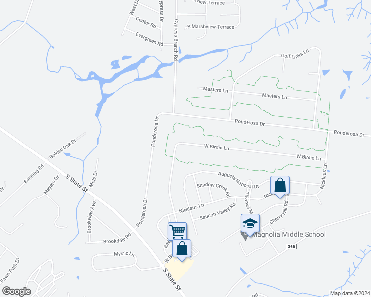 map of restaurants, bars, coffee shops, grocery stores, and more near 642 Birdie Lane in Magnolia