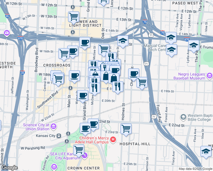 map of restaurants, bars, coffee shops, grocery stores, and more near 1830 Locust Street in Kansas City