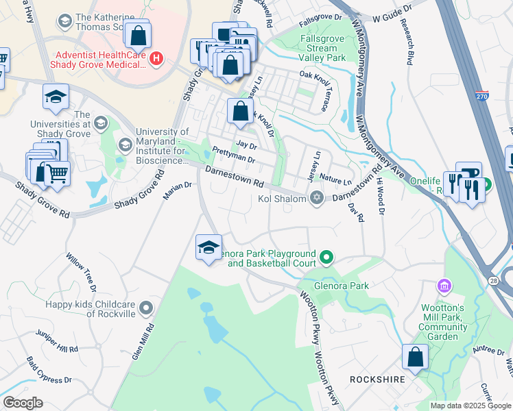 map of restaurants, bars, coffee shops, grocery stores, and more near 2606 Northrup Drive in Rockville