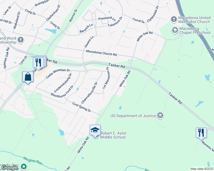 map of restaurants, bars, coffee shops, grocery stores, and more near 117 1st Manassas Place in Stephens City