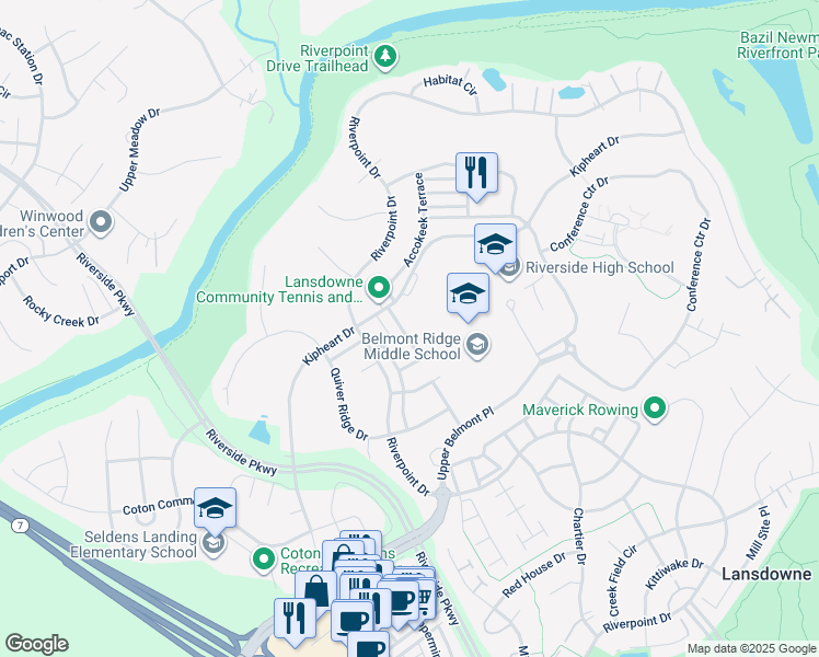 map of restaurants, bars, coffee shops, grocery stores, and more near 18992 Coreopsis Terrace in Leesburg