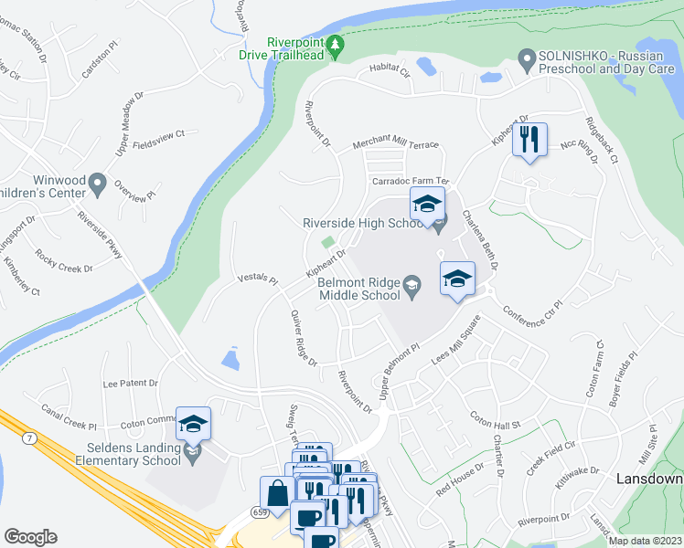 map of restaurants, bars, coffee shops, grocery stores, and more near 18985 Coreopsis Terrace in Leesburg