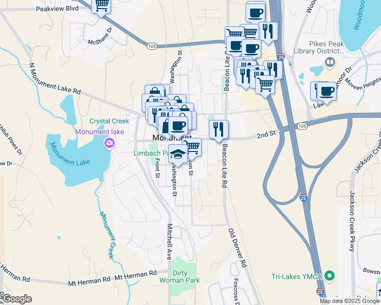 map of restaurants, bars, coffee shops, grocery stores, and more near 146 Jefferson Street in Monument