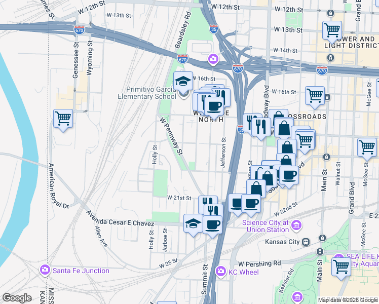 map of restaurants, bars, coffee shops, grocery stores, and more near 1936 Summit Street in Kansas City