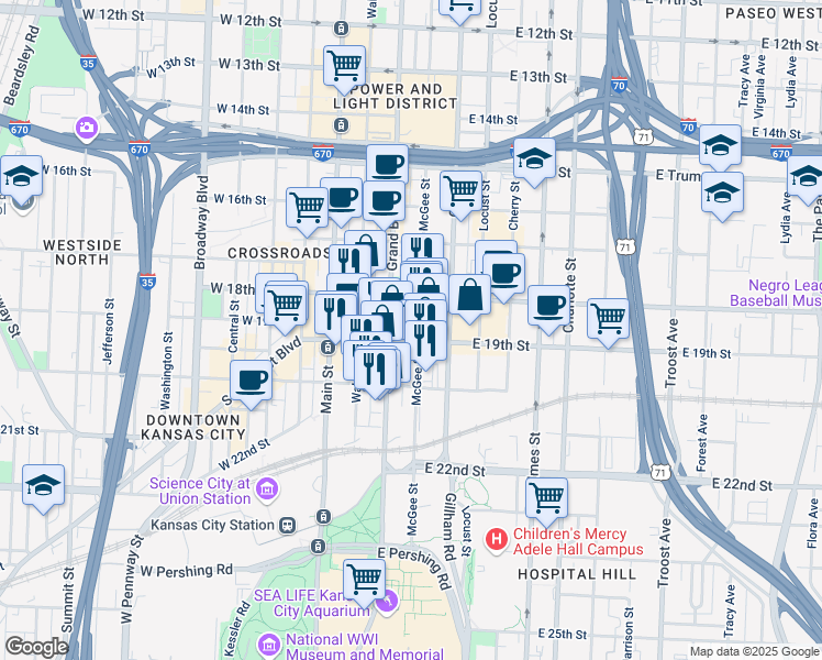 map of restaurants, bars, coffee shops, grocery stores, and more near 1828 Grand Boulevard in Kansas City