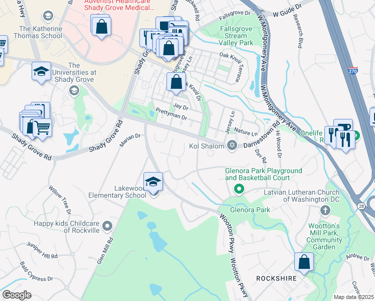 map of restaurants, bars, coffee shops, grocery stores, and more near 2606 Northrup Drive in Rockville