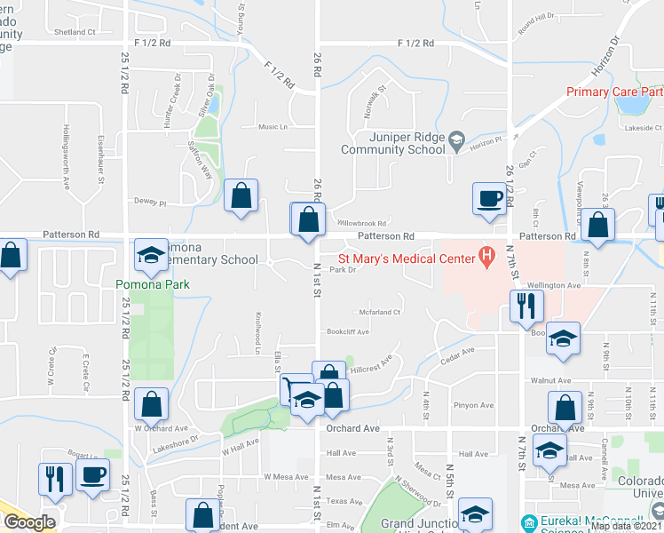 map of restaurants, bars, coffee shops, grocery stores, and more near 104 Park Drive in Grand Junction