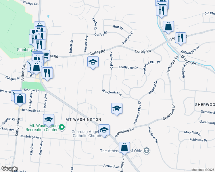 map of restaurants, bars, coffee shops, grocery stores, and more near 2068 Trailwood Drive in Cincinnati