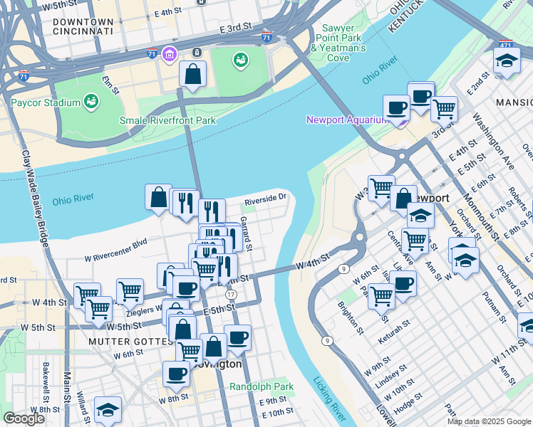 map of restaurants, bars, coffee shops, grocery stores, and more near 323 East 2nd Street in Covington