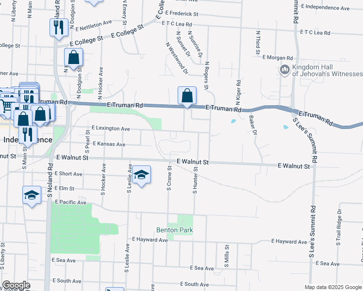 map of restaurants, bars, coffee shops, grocery stores, and more near 812 East Walnut Street in Independence
