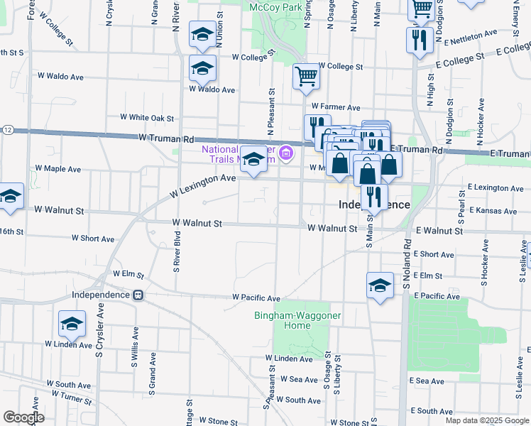 map of restaurants, bars, coffee shops, grocery stores, and more near 516 West Walnut Street in Independence