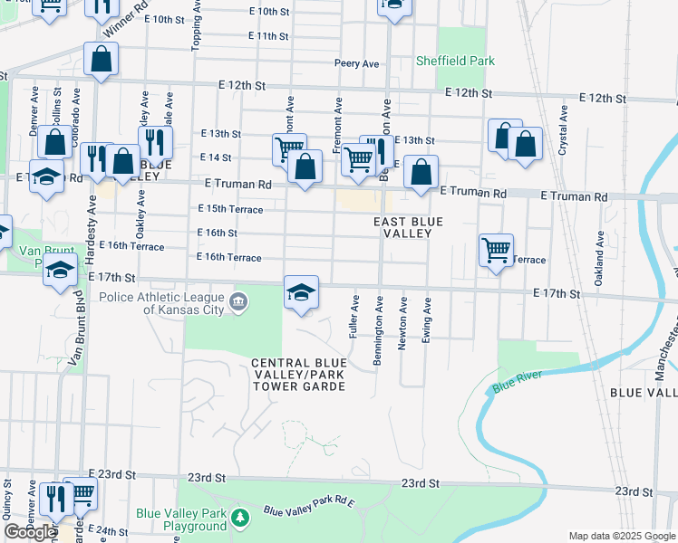 map of restaurants, bars, coffee shops, grocery stores, and more near 6417 East 17th Street in Kansas City