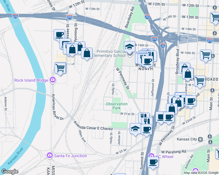 map of restaurants, bars, coffee shops, grocery stores, and more near 1837 Mercier Street in Kansas City
