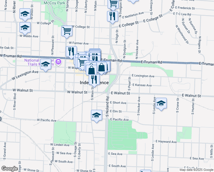 map of restaurants, bars, coffee shops, grocery stores, and more near 201 East Walnut Street in Independence